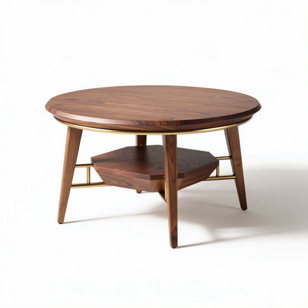 Wooden round coffee table with a lower shelf in walnut finish 100 x 100 x 40cm