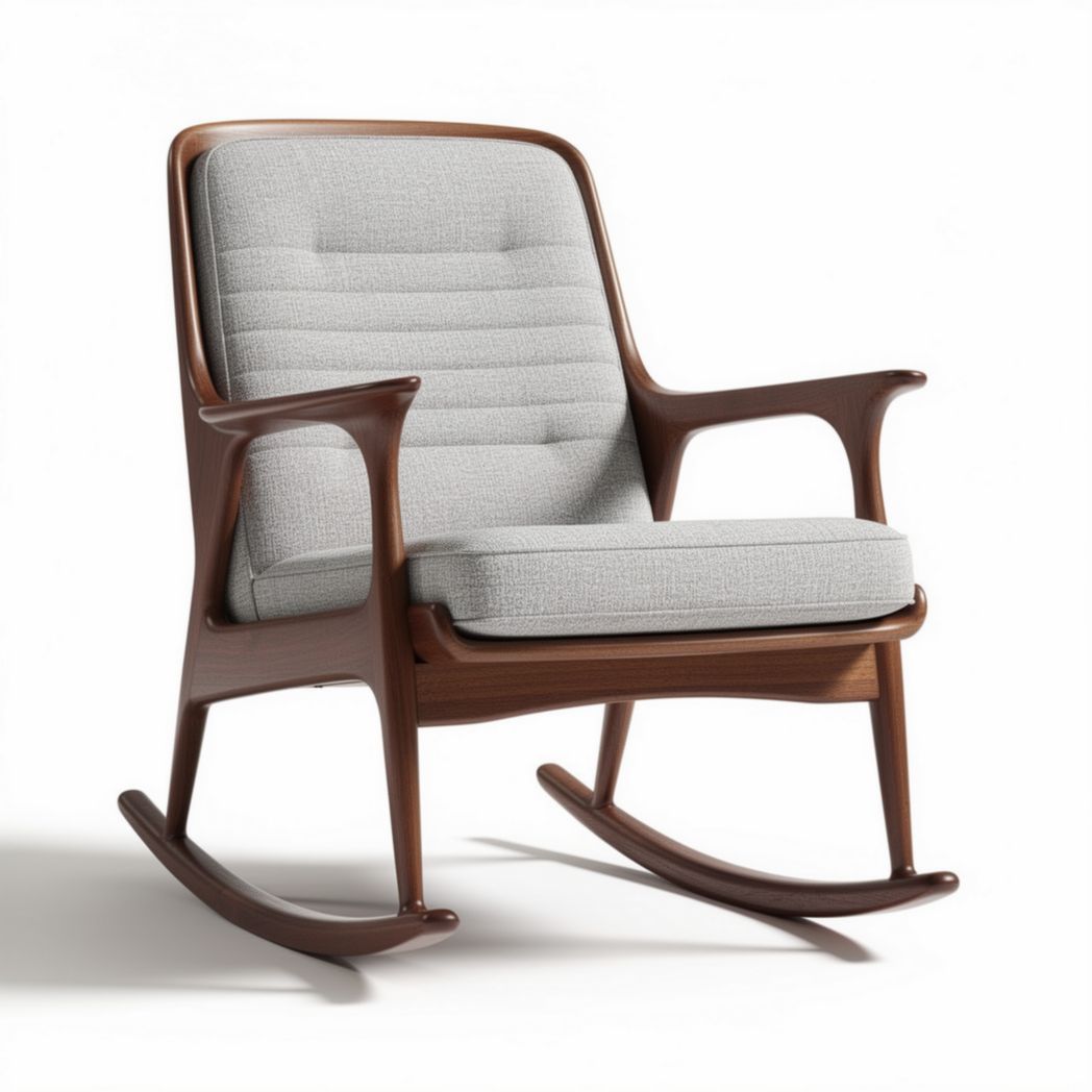 Rocking chair with wooden frame and grey upholstered seat dimensions 80 x 70 x 90cm