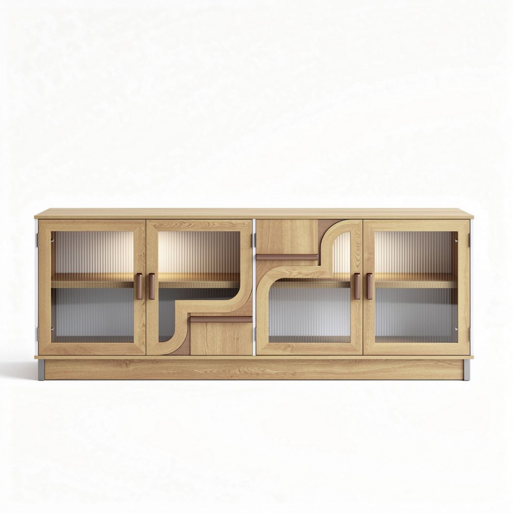Modern wooden entertainment center with glass doors and storage shelves 160 x 40 x 50cm
