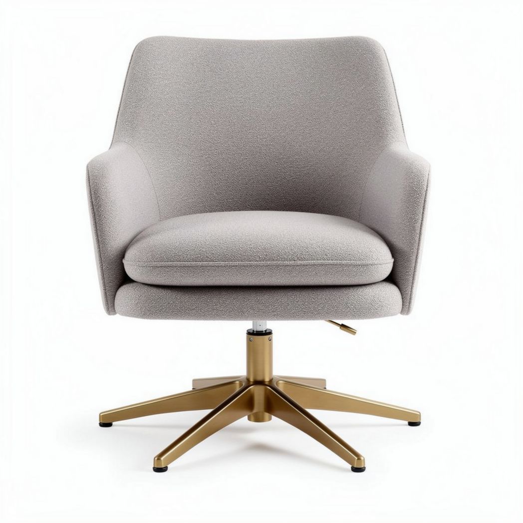 Swivel accent chair in light gray fabric with gold metal base 70 x 70 x 80cm