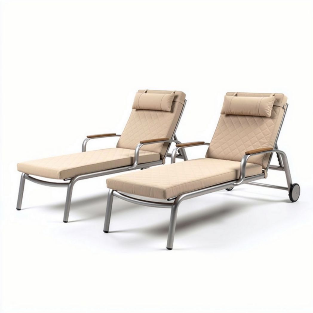 Outdoor lounge chairs with adjustable backs and cushioned seating in beige