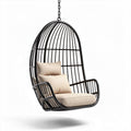 Hanging chair with fabric cushions in black metal frame for indoor outdoor use