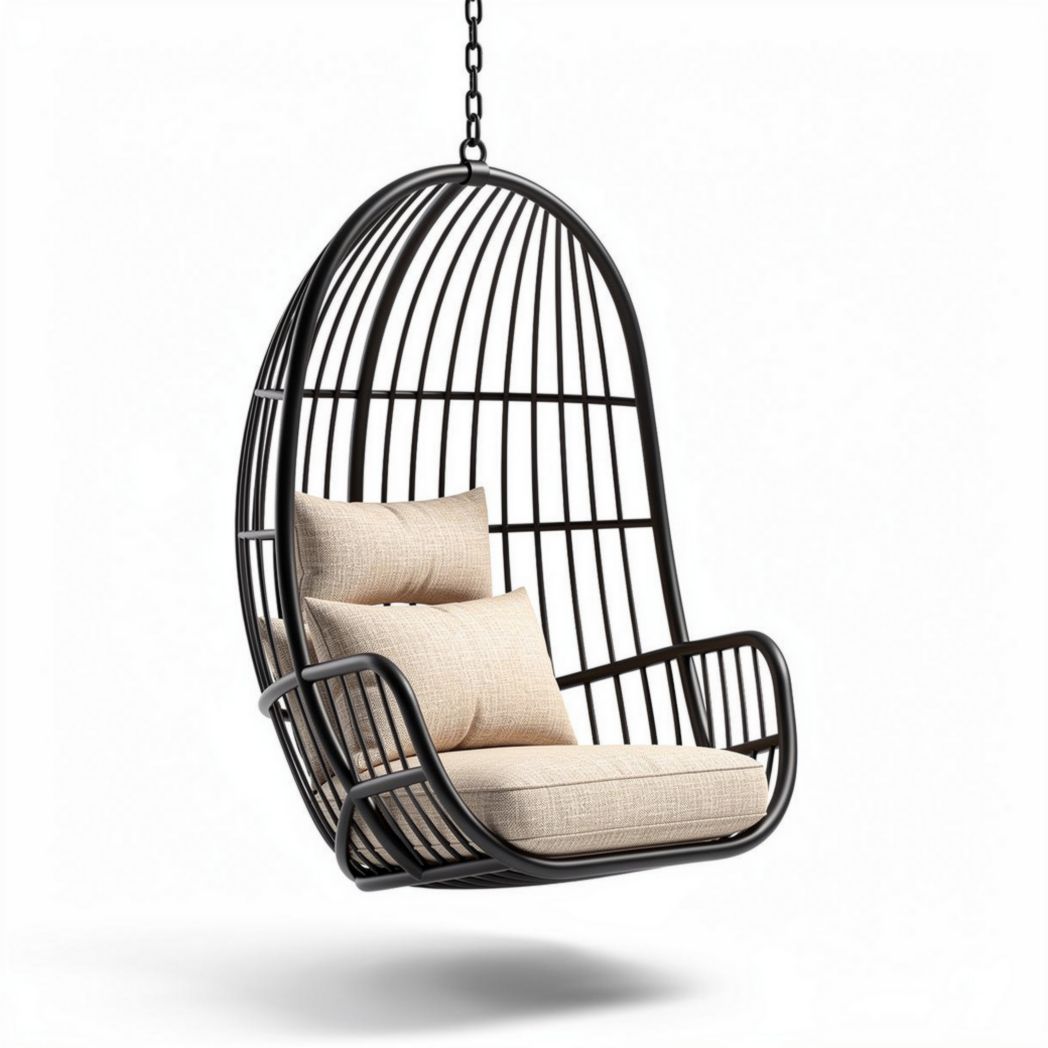 Hanging chair with fabric cushions in black metal frame for indoor outdoor use