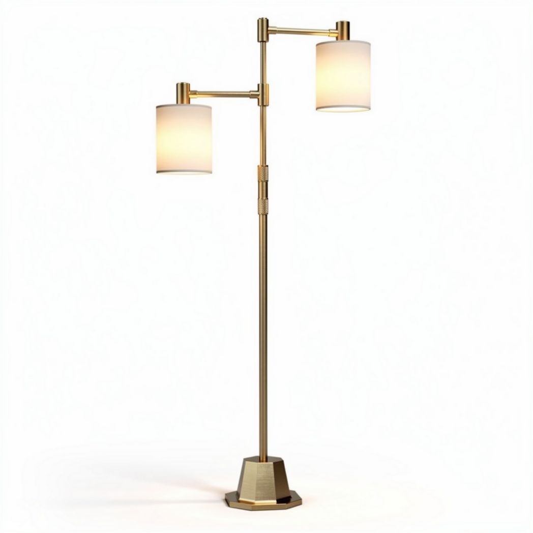 Two-light adjustable floor lamp with brass finish and white shades 20 x 20 x 150cm