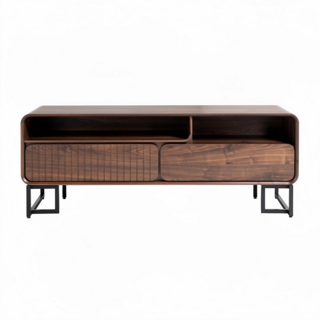 Wooden media console with storage compartments in walnut finish 120 x 45 x 40cm