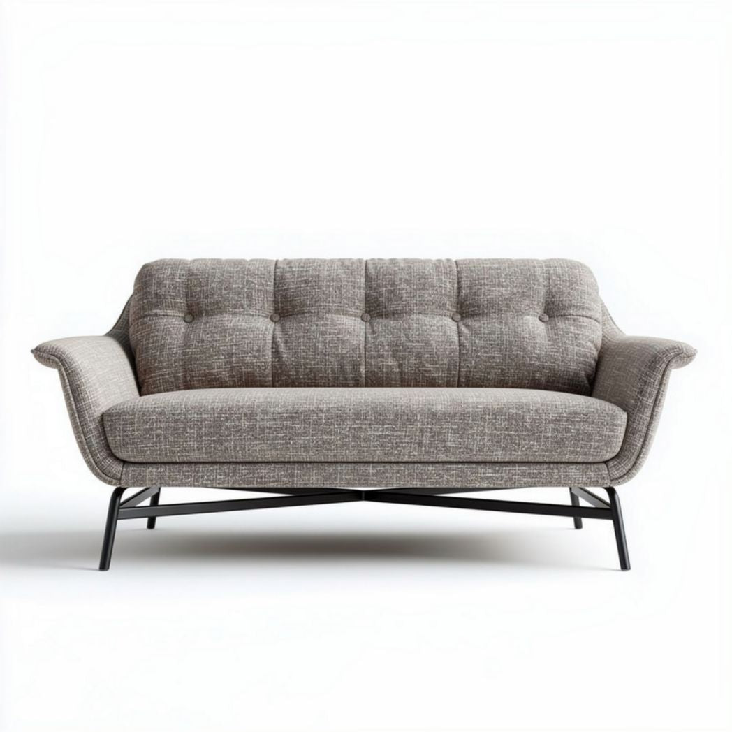 Two-seater sofa in gray fabric with metal legs measuring 180 x 80 x 75cm