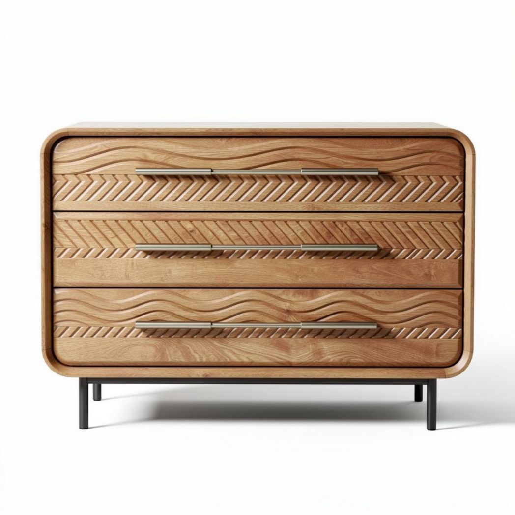 Wooden dresser with carved detail and metal handles 90 x 45 x 75cm